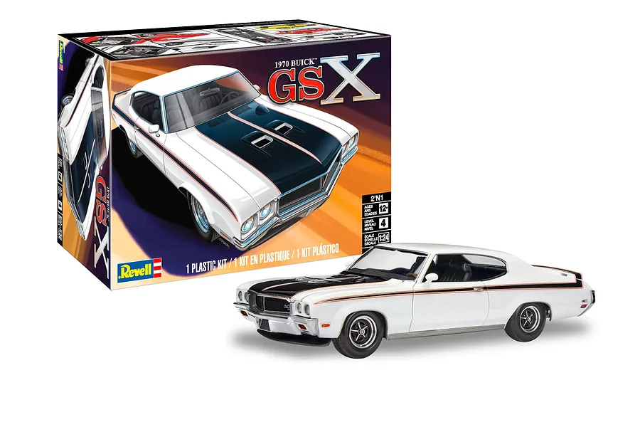 Revell 1/24 scale 1970 Buick GSX plastic model kit box and a fully assembled white model car with black hood stripes.