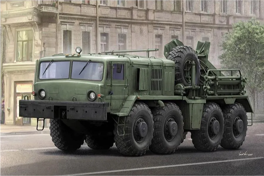 An artistic illustration of a green KET-T recovery vehicle based on the MAZ-537 heavy truck, shown on a city street.