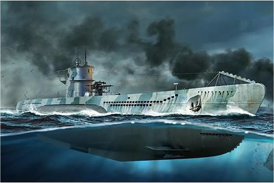 Artistic illustration of a German Type VII-C U-Boat on the ocean surface with a submerged view below the waterline.