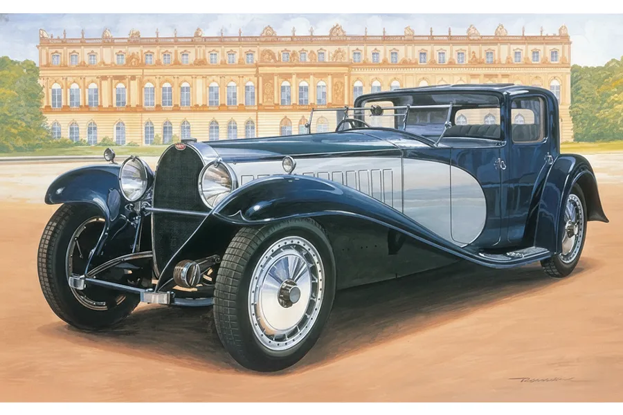 An artistic illustration of a vintage Bugatti Type 41 Coupe Napoleon car parked in front of a grand palace building.