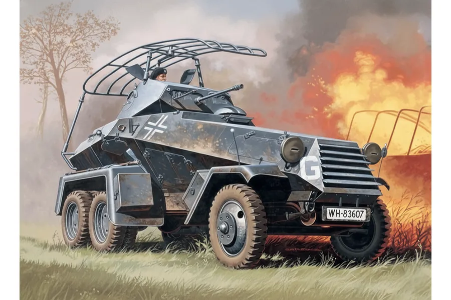 Box art illustration of a German Sd.Kfz. 232 6-rad armoured car in a field with a fire in the background.