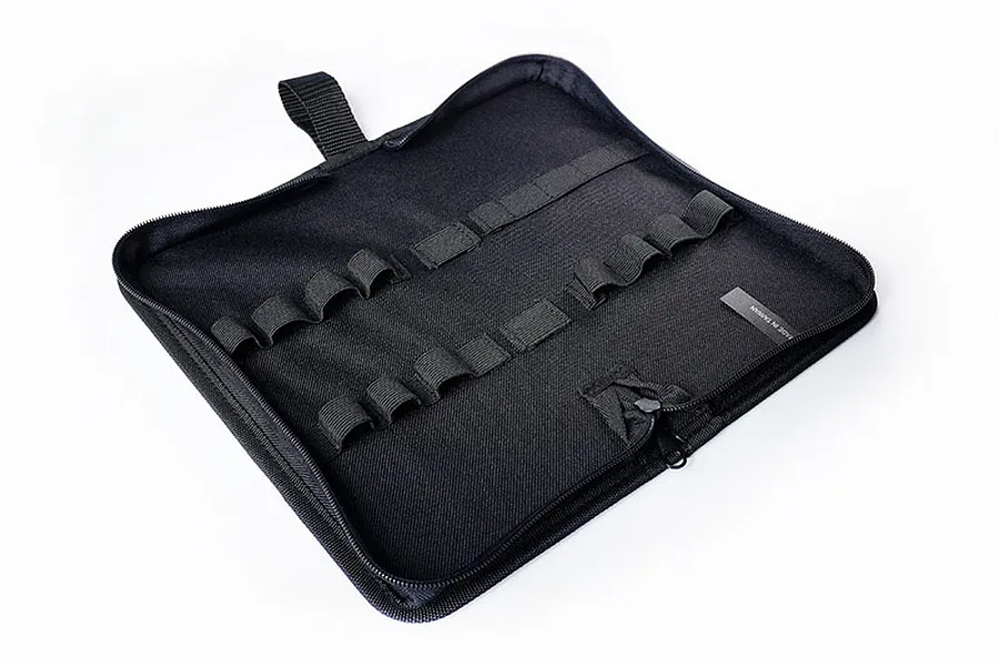 An open Koswork foldable tool bag in black, showing internal elastic loops for tool storage on a white background.