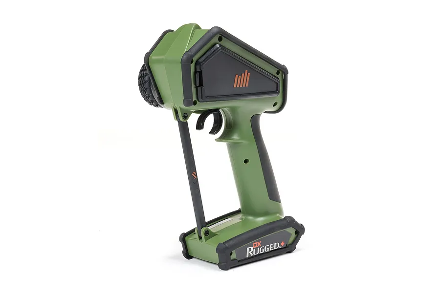 Spektrum DX Rugged DSMR+ 12-channel RC transmitter in olive green with black protective bumpers, shown from the side.