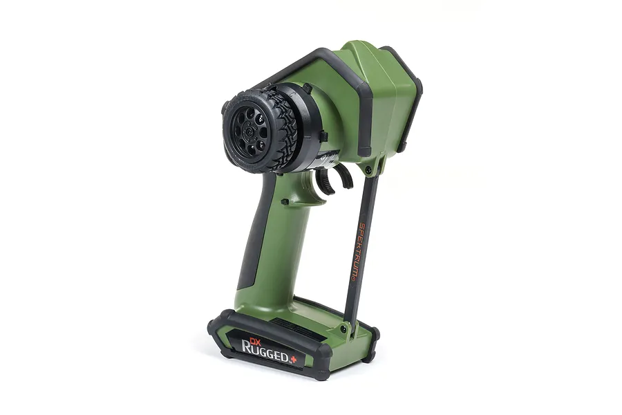 Spektrum DX Rugged DSMR+ 12-channel RC transmitter in olive green, featuring a ruggedized design with black rubber bumpers and a steering wheel.