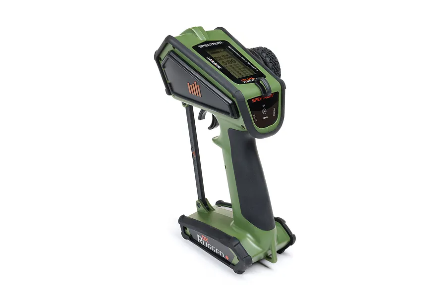 Spektrum DX Rugged DSMR+ 12-channel surface radio transmitter in olive green with black rubberized protective bumpers.