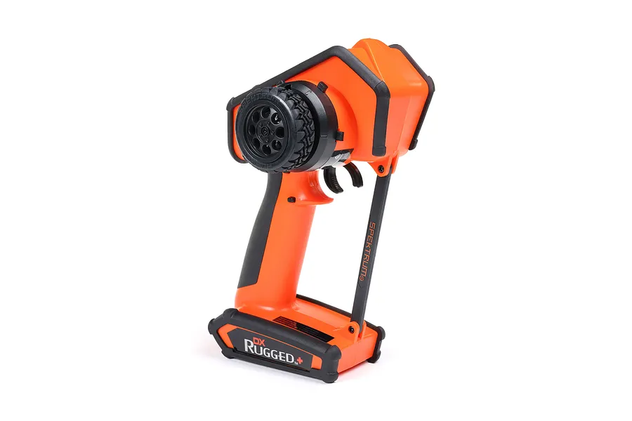 Spektrum DX Rugged DSMR+ 2.4Ghz 12ch radio transmitter in orange and black, viewed from the side against a white background.