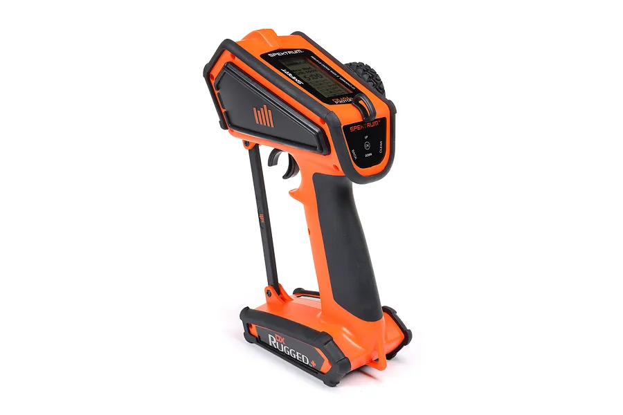 Spektrum DX Rugged DSMR+ 12-channel RC transmitter in bright orange and black, shown from a rear-angle perspective.