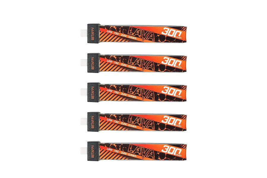 Five BetaFPV LAVA 1S 300mAh LiHV batteries arranged vertically against a white background.