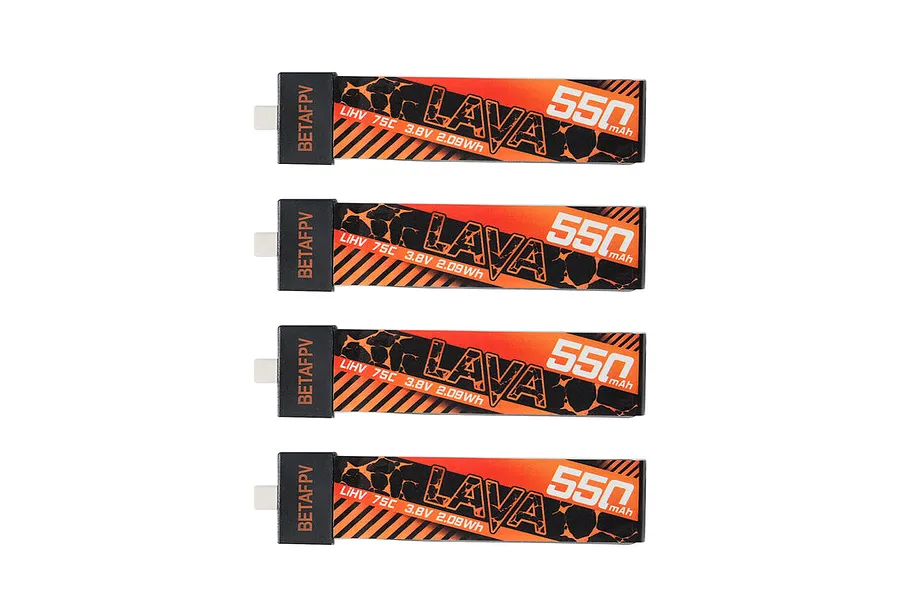Four BetaFPV LAVA 1S 550mAh LiHV batteries arranged vertically against a white background.