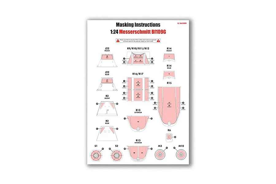 Instruction sheet for Airfix 1/24 Messerschmitt Bf109G masking set showing placement diagrams for various canopy and wheel masks.