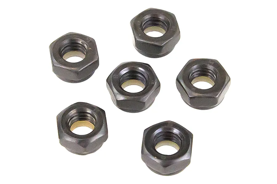 A top-down view of six black metal nyloc nuts arranged on a plain white background.
