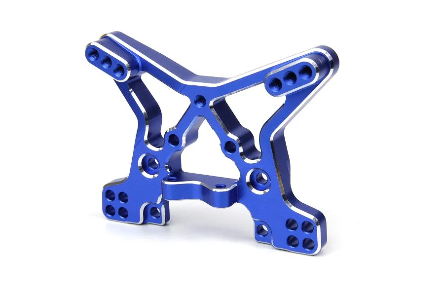 A blue anodized aluminium front shock tower for an RC car, featuring multiple mounting holes and machined silver edges.