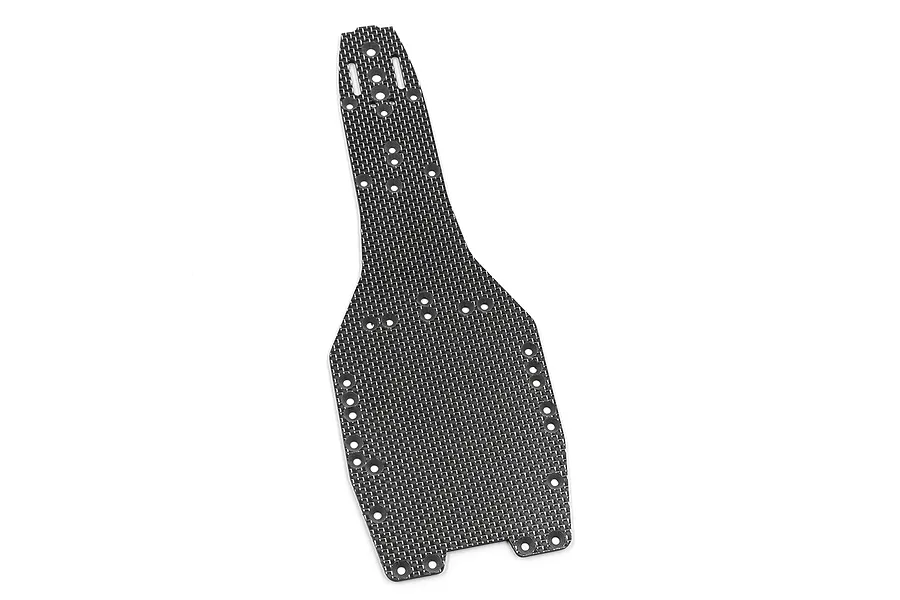 A flat, black carbon fiber RC chassis plate with a woven texture and multiple pre-drilled mounting holes.