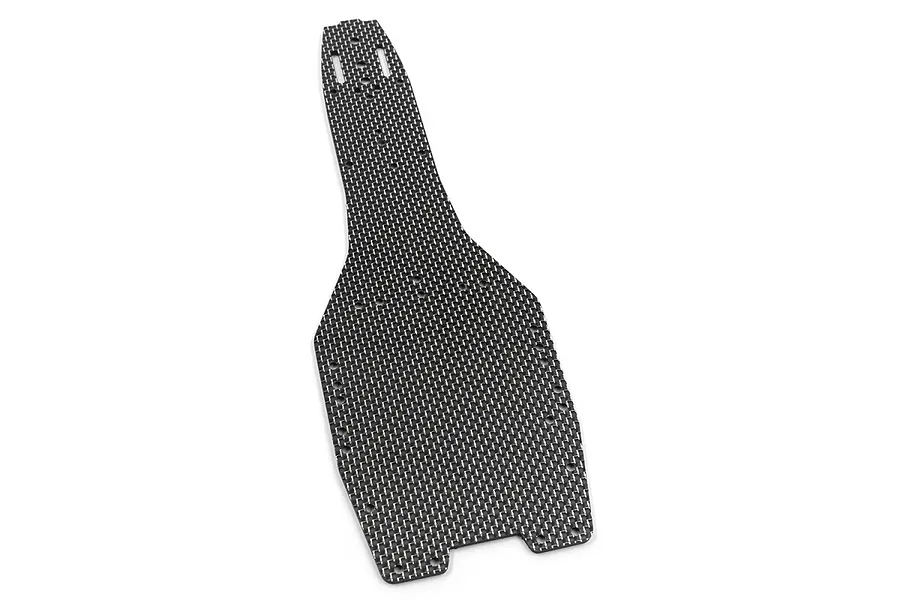 A top-down view of a Yeah Racing graphite RC chassis plate featuring a woven carbon fiber pattern with multiple pre-drilled mounting holes.
