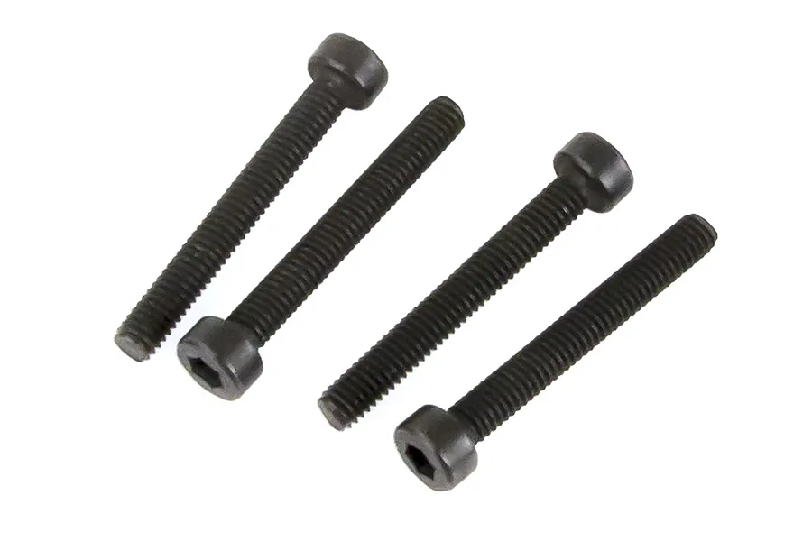 Four black metal cap head screws with hex sockets arranged diagonally on a white background.
