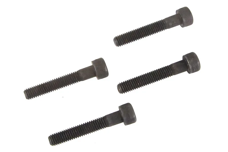 Four black metal cap head screws arranged on a white background.
