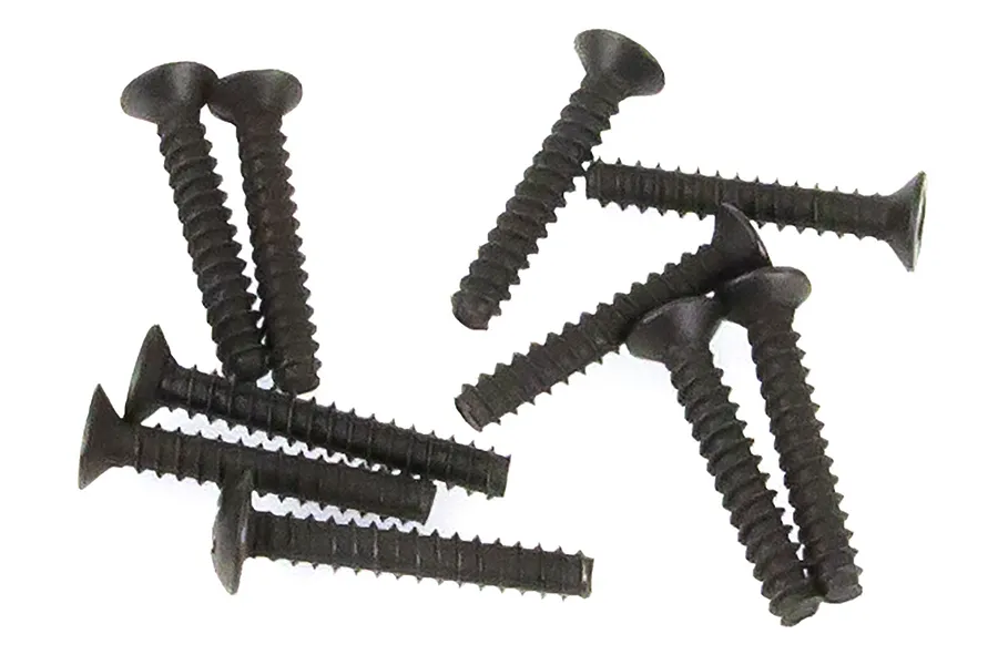 A collection of ten black metal coarse thread countersunk screws scattered on a white background.