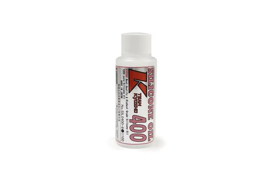 A bottle of Kyosho #400 silicone oil for RC models, featuring a white plastic bottle with a label showing the Kyosho logo and product details.