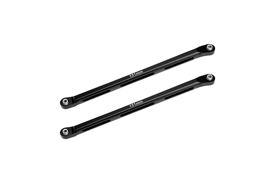 Two black GPM Racing aluminium rear chassis linkages for RC cars, each marked with 151mm length.
