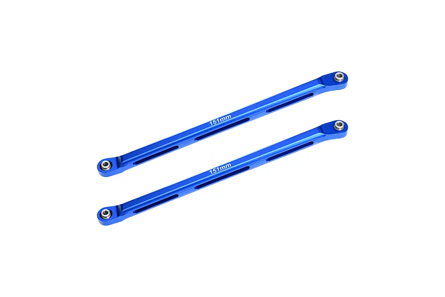 Two blue anodized aluminium RC chassis linkages with 151mm printed on them, set against a white background.
