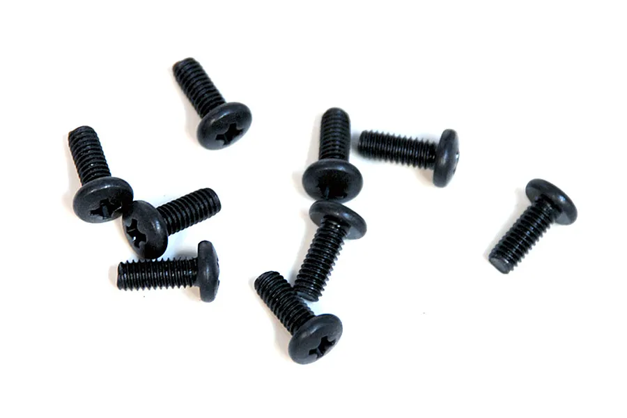 A collection of eight black metal binder head screws with Phillips drive heads scattered on a white background.