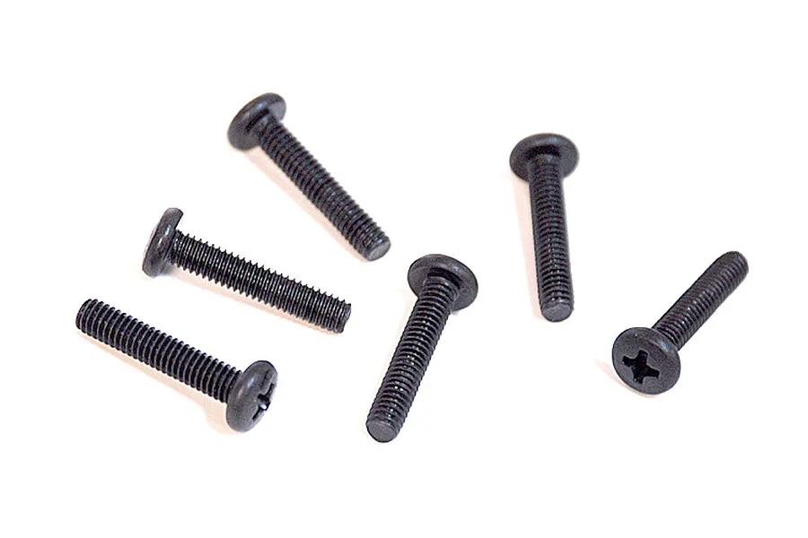 A set of six black metal binder head screws with fine threads, arranged on a white background.