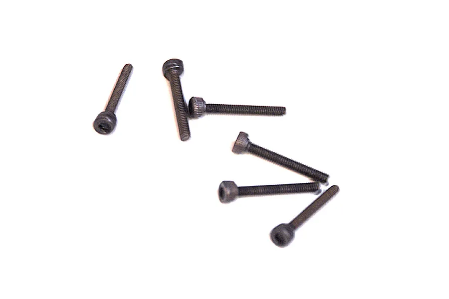 A group of six small black metal cap head screws arranged on a white background.