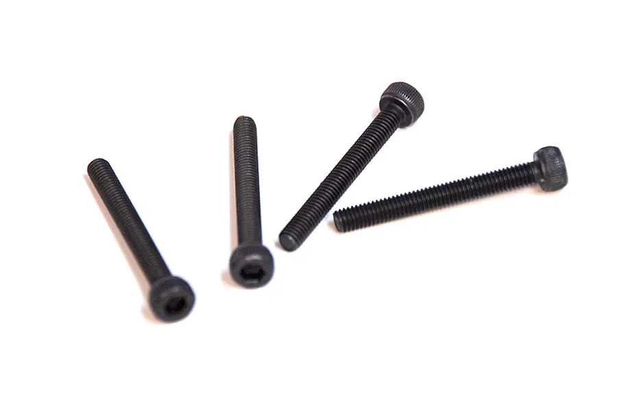 Four black metal socket head cap screws arranged on a plain white background.