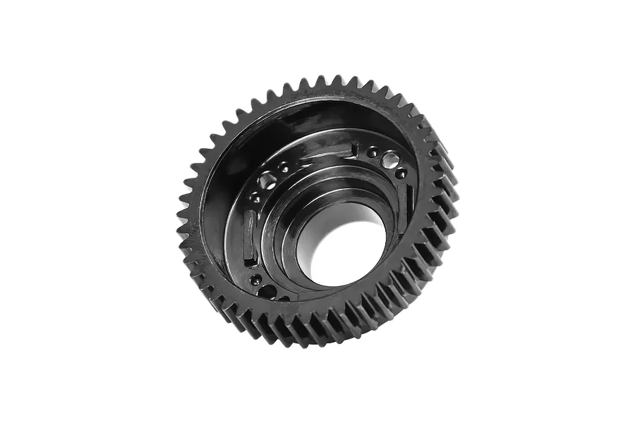 A black GPM Racing 47T centre differential spur gear for RC vehicles, shown from an angled perspective against a white background.