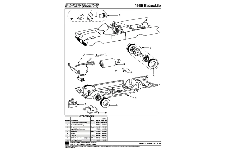 A technical service sheet diagram for a 1966 Batmobile Scalextric slot car, showing an exploded view of parts and a list of spare part numbers.