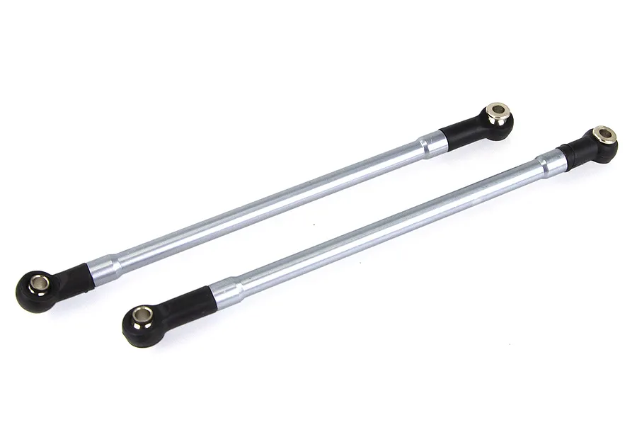 Two silver metal RC car suspension linkages with black plastic rod ends on a white background.