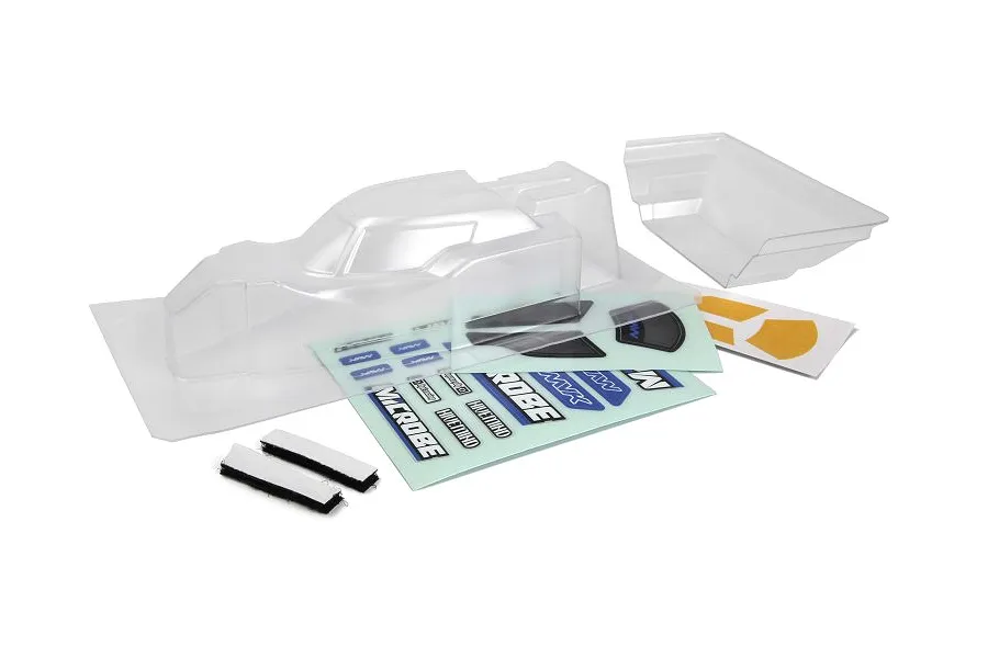 Maverick 1/24 Microbe clear unpainted RC body shell with included decal sheets and foam mounting pads.