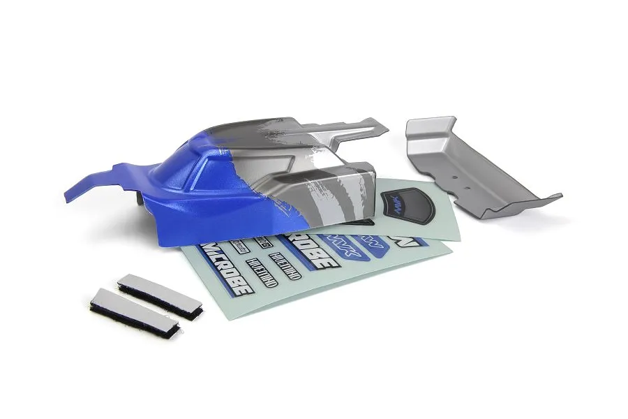 Maverick 1/24 Microbe RC buggy body shell in blue and silver, including a separate rear wing, decal sheet, and two small adhesive foam strips.