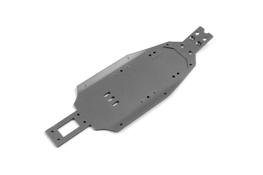 A gunmetal grey aluminium main chassis plate for a Maverick RC vehicle, shown from an angled top-down perspective against a white background.