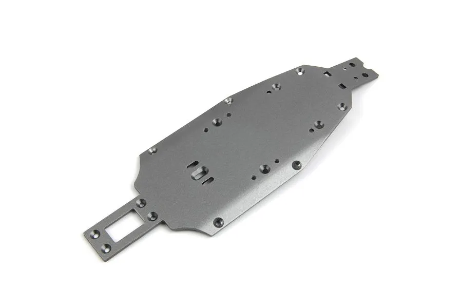 A gunmetal grey aluminium main chassis plate for an RC car, featuring various mounting holes and cutouts, shown from an elevated angle on a white background.