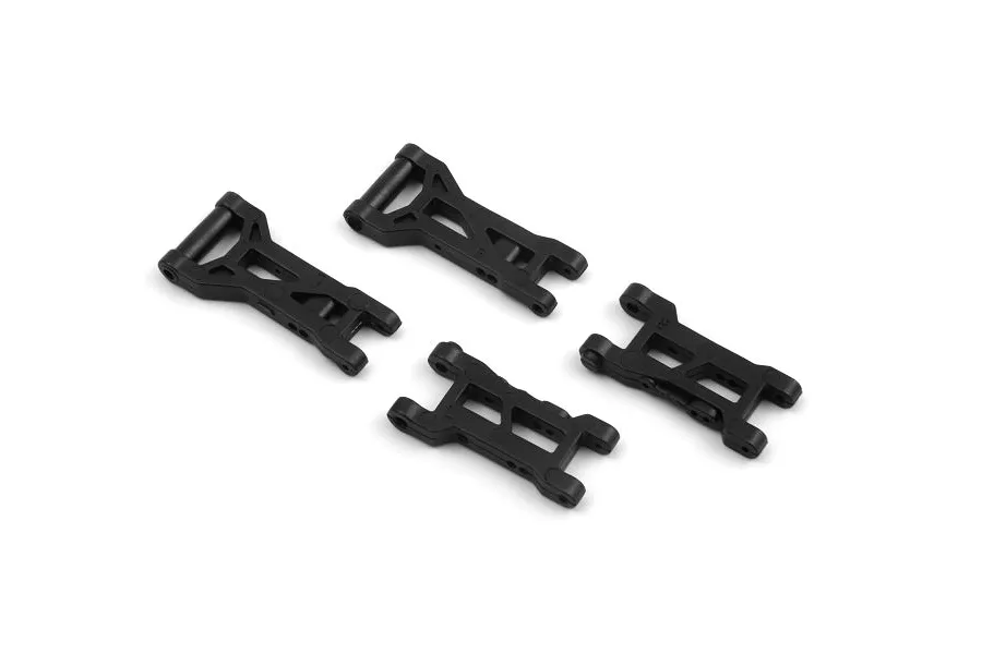 Four black plastic RC suspension arms arranged on a white background.