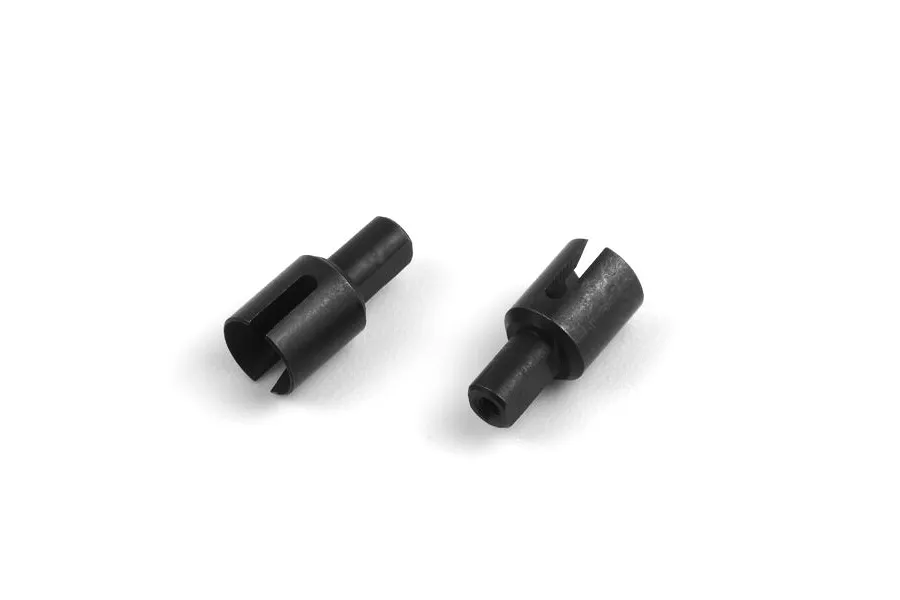 Two black metal differential outdrive cups for an RC car, shown from different angles on a white background.
