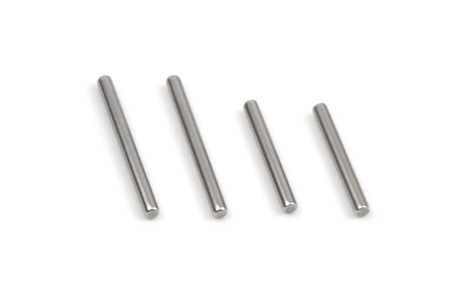 Four silver metal hinge pins of varying lengths arranged in a row against a white background.