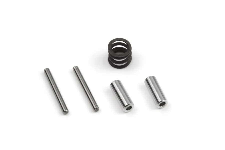 Maverick Steering Saver hardware set including two metal pins, two metal sleeves, and one black coil spring on a white background.