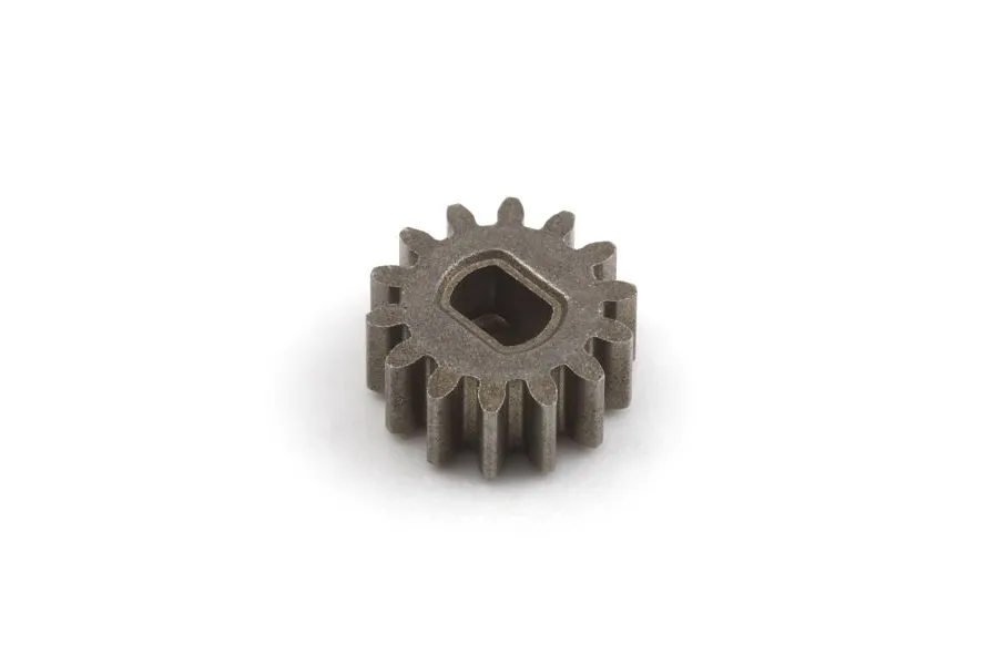 A small 14-tooth metal idler gear for an RC car drivetrain, featuring a D-shaped center hole.