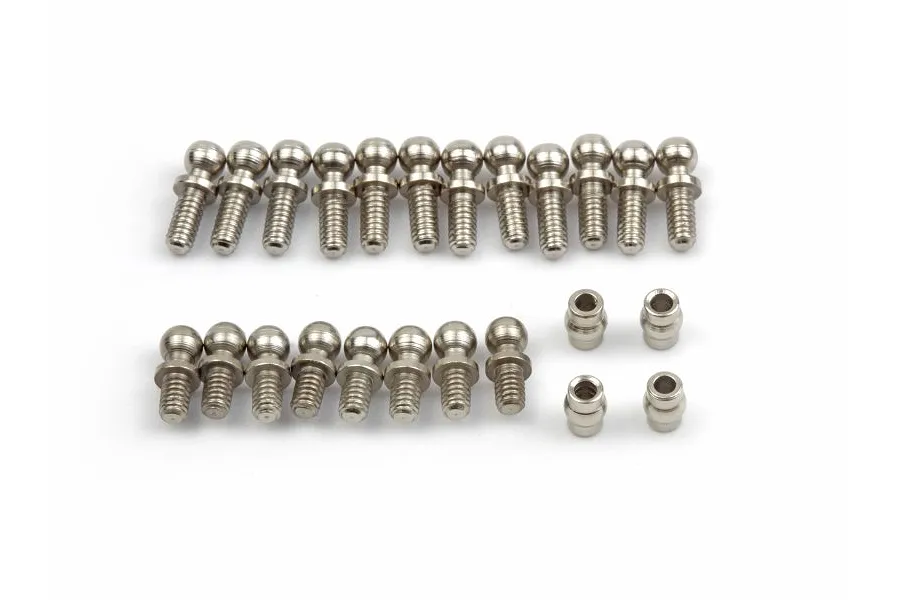 A set of silver-coloured metal ball studs and small cylindrical spacers arranged on a white background.