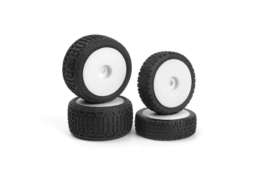 Four Maverick 1/24 scale RC buggy wheels with black rubber treaded tyres on white dish rims, arranged in two stacks.