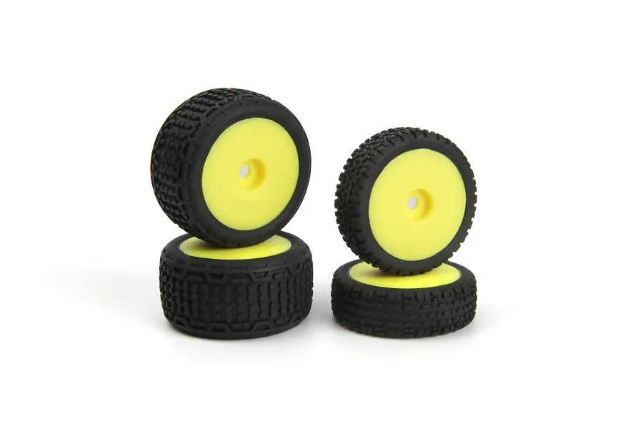 Four Maverick 1/24 scale RC buggy wheels with black rubber treaded tyres and bright yellow dish rims, arranged in a group against a white background.
