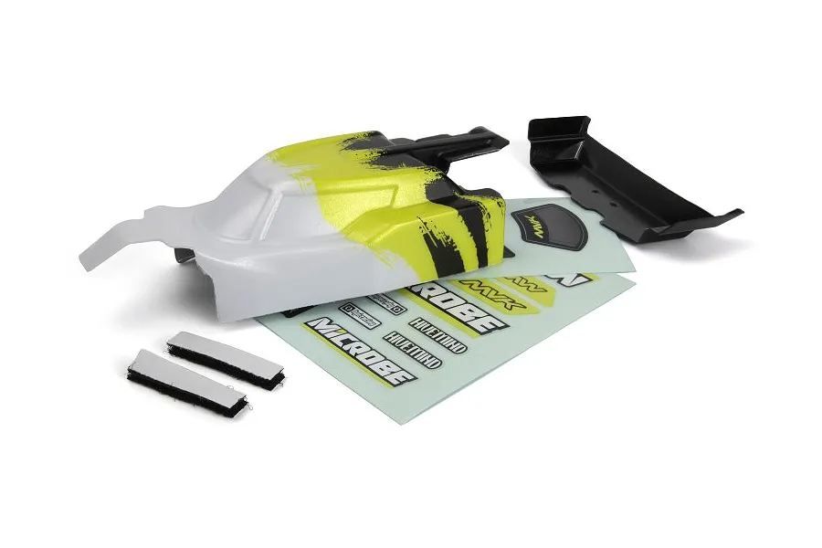 Maverick 1/24 Microbe RC buggy body shell in yellow and white with black wing, decal sheet, and adhesive foam strips on a white background.