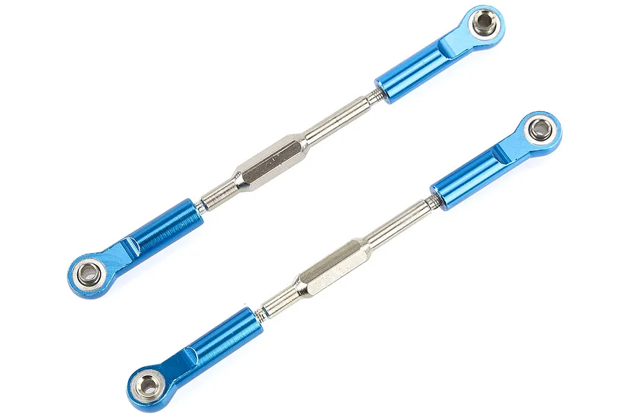 Two blue anodized aluminium RC turnbuckle linkages with silver metal threaded rods and ball joints, isolated on a white background.