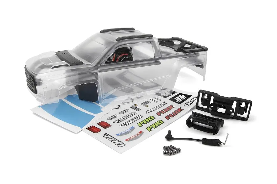 A clear, unpainted polycarbonate body shell for the Maverick 1/16 QBit MT RC truck, including a decal sheet, plastic accessories, and mounting hardware.