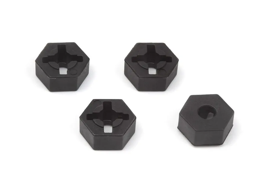 Four black plastic 12mm wheel hex adapters for RC cars, arranged on a white background.