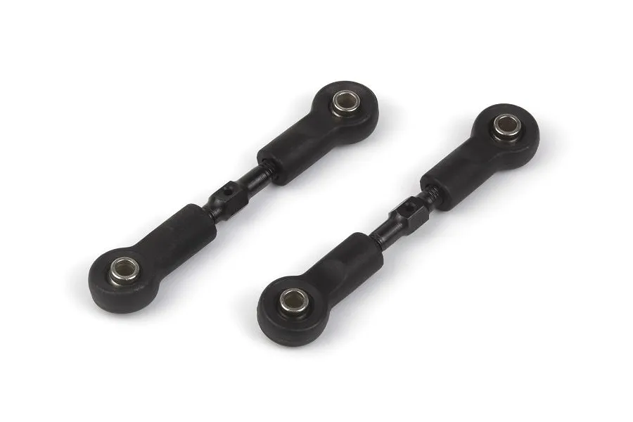 Two black RC turnbuckles with ball ends and metal pivot inserts, isolated on a white background.