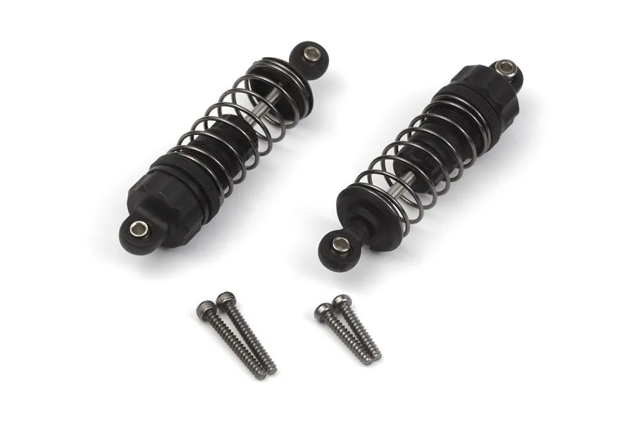 Two black adjustable RC shock absorbers with coil springs and four mounting screws on a white background.