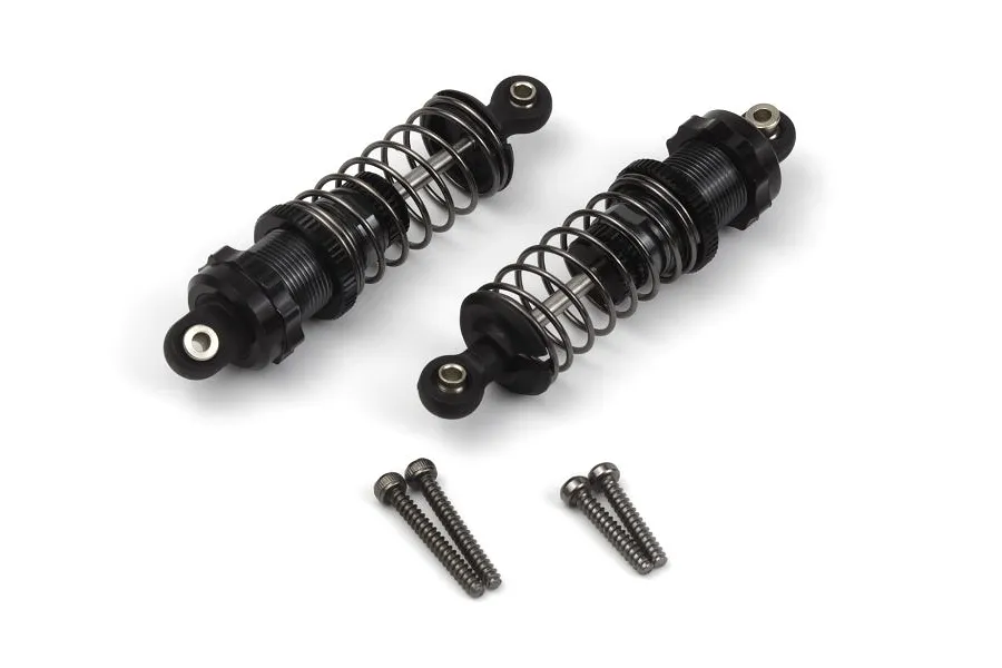 Two black aluminium adjustable RC shock absorbers with coil springs and four mounting screws on a white background.